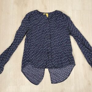 Maeve Anthropologie Clara Bird Print Blouse Button Down Shirt Size 0 Navy Blue